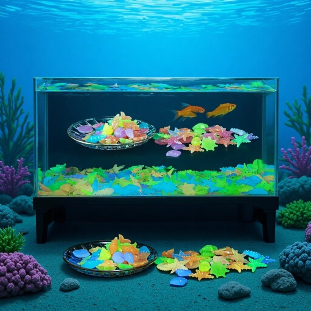 Aquarium Plant Design - 빛나는 해양석, 형광 조개껍데기, 화려한 불가사리